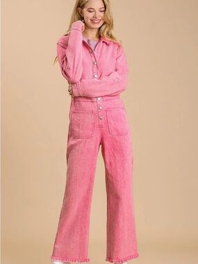 Umgee Stonewash Button-Down Wide Leg Distressed Jumpsuit NWT